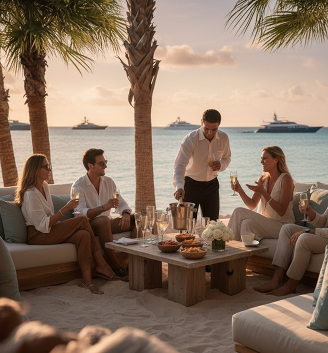 Clients gathered on a beach terrace, yachts moored beyond
